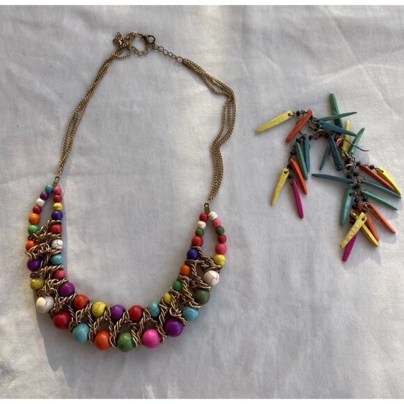 Ethnic Multicolor Boho Cord Necklace Colorful Beads Round Natural Stones 22” - Picture 14 of 16